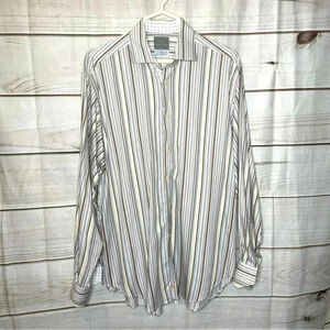 Thomas Dean Mens Dress Shirt Lg Blue Brown White Striped Button Up Long Sleeved